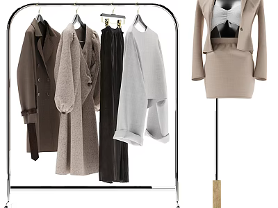 Standing Metal Clothes Hanger With Coats Sweaters Pants And Mannequin In Beige Outfit 3d model