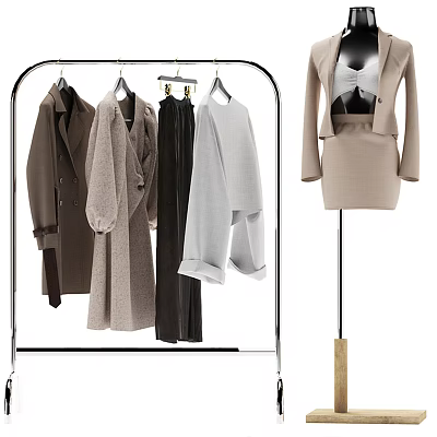 Standing Metal Clothes Hanger With Coats Sweaters Pants And Mannequin In Beige Outfit 3d model