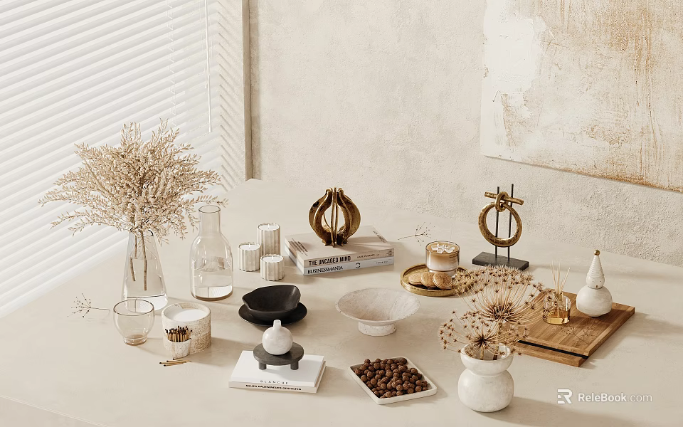 Minimalist Ornamental Decor Collection With Dried Flowers Vases Golden Accents Tray And Books 3d model 