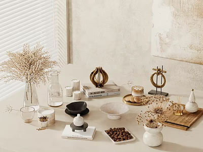 Minimalist Ornamental Decor Collection With Dried Flowers Vases Golden Accents Tray And Books 3d model