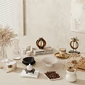 Minimalist Ornamental Decor Collection With Dried Flowers Vases Golden Accents Tray And Books
