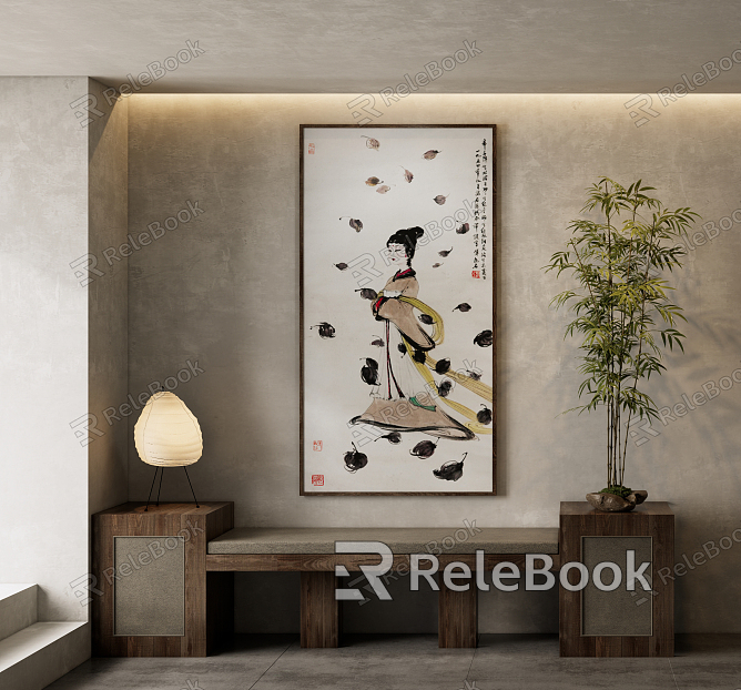 New Chinese Figure Painting, Traditional Chinese Painting, Art Hanging Painting, Table Lamp, Green Plant, Potted Plant model