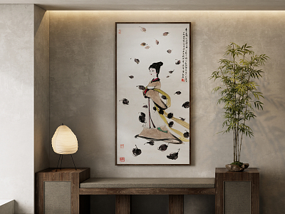 New Chinese Figure Painting, Traditional Chinese Painting, Art Hanging Painting, Table Lamp, Green Plant, Potted Plant model