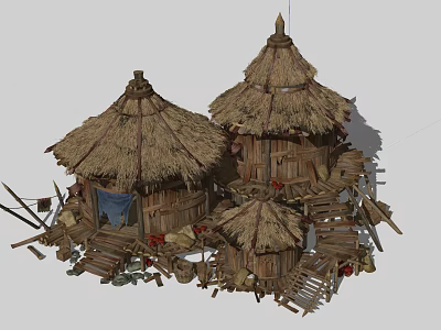Traditional Thatched Roof Wooden Huts With Surrounding Wooden Structures And Tools 3d model