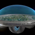 Futuristic Commercial Landscape With Transparent Dome Lush Green Landscape Urban Buildings And Blue Light Source