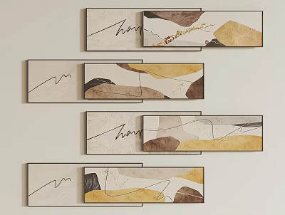 Abstract Paintings Wall Art With Geometric Shapes Lines And Brown Yellow Beige Tones 3d model