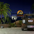 Tropical Outdoor Photo Check-in Spot With Palm Trees Cactus Rocks And Brown Car At Night