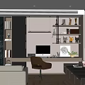 Modern Study Room Interior With Built in Bookshelves Wooden Desk And Computer Monitor
