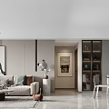 Modern Living Dining Room Interior With Beige Sofa Brown Armchair Marble Coffee Table And Chandelier