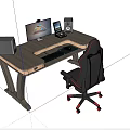 Wooden Office Desk With Monitor Smartphone Speakers Keyboard And Black Gaming Chair With Red Accents