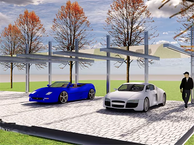 Covered Parking Area With Blue Convertible White Sports Cars Autumn Trees And Person Walking 3d model