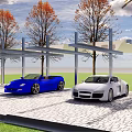 Covered Parking Area With Blue Convertible White Sports Cars Autumn Trees And Person Walking