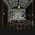 Traditional Tea House Interior Design With Wooden Furniture Lanterns And Tea Shelves