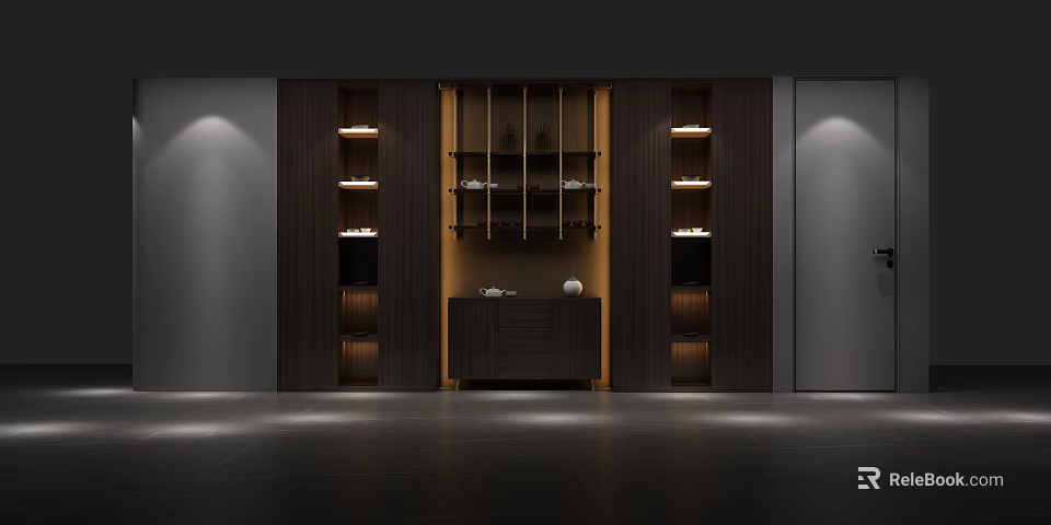 Elegant Modern Wooden Shelving Unit with Built in Lighting for Home Storage and 3d model 