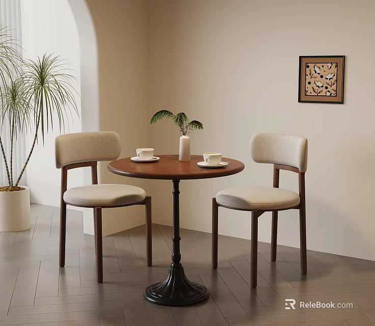 Round Wooden Table and Chair Set with Beige Cushions Vase Plant and Decorative Painting 3d model 