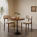 Round Wooden Table and Chair Set with Beige Cushions Vase Plant and Decorative Painting