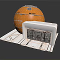 Orange Spherical Structure With White Expandable Model And Mechanical Design Blueprint