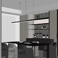 Modern Restaurant Interior With Dining Table Chairs Pendant Light Cabinets And Patterned Wall