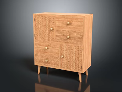 Wooden Console Side Cabinet With Drawers Carved Patterns And Slim Support Legs 3d model