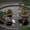 Circular Water Fountain with Koi Fish Trees Curved Pathways and Illuminated Lights in Garden
