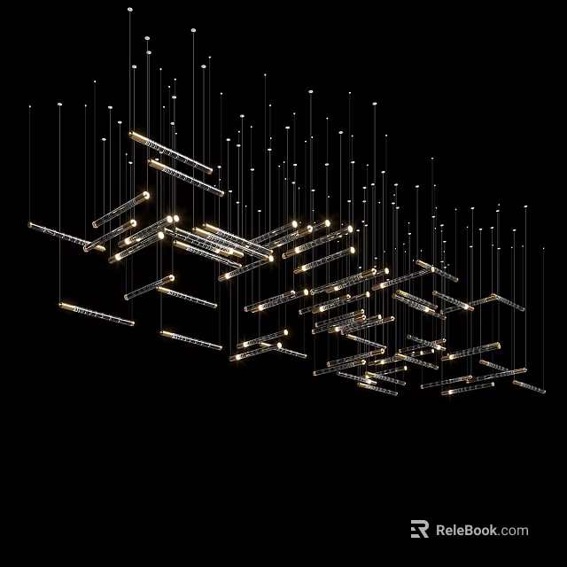 Modern Geometric Chandelier Design With Hanging Gold Metal Strip LED Lights For Interior Space 3d model 