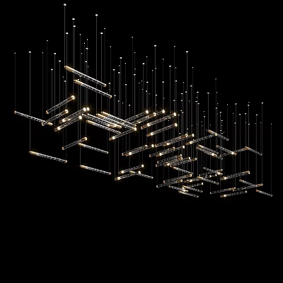 Modern Geometric Chandelier Design With Hanging Gold Metal Strip LED Lights For Interior Space 3d model