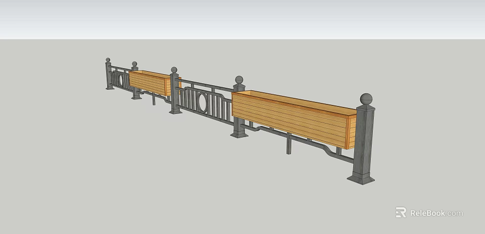 Decorative Fence With Wooden Panels Metal Frame And Spherical Top Posts 3d model 