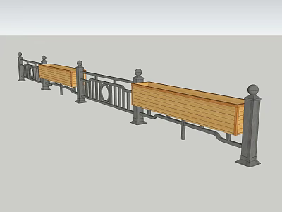Decorative Fence With Wooden Panels Metal Frame And Spherical Top Posts 3d model