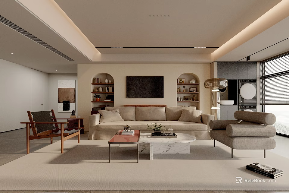 Modern Living Room Interior With Beige Sofa Arched Bookshelves Marble Coffee Table And Wooden Chair 3d model 