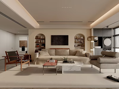 Modern Living Room Interior With Beige Sofa Arched Bookshelves Marble Coffee Table And Wooden Chair 3d model