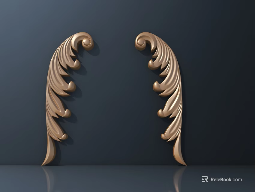 Golden Ornate Carvings With Curved Leaf Feather Shape And Intricate Curls On Dark Background 3d model 