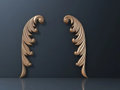 Golden Ornate Carvings With Curved Leaf Feather Shape And Intricate Curls On Dark Background 3d model