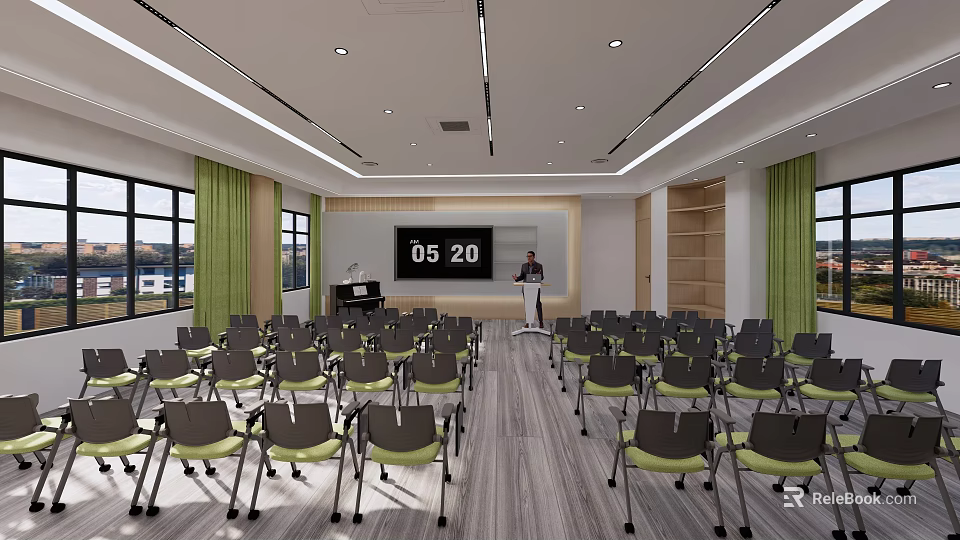 Modern Meeting Room With Rows Of Chairs Podium Digital Display And Green Curtains 3d model 