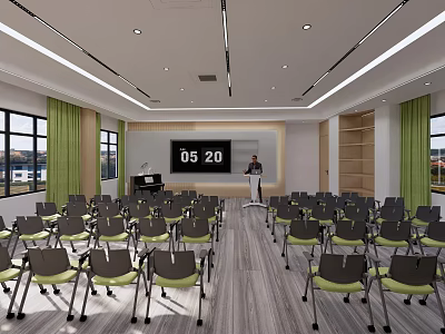 Modern Meeting Room With Rows Of Chairs Podium Digital Display And Green Curtains 3d model
