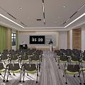 Modern Meeting Room With Rows Of Chairs Podium Digital Display And Green Curtains