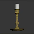Brass Candlestick With White Candle On Black Background And Ornate Base