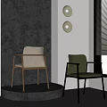 Modern Leisure Chairs Beige Light Green With Golden Black Metal Frames And Circular Wall Lamps