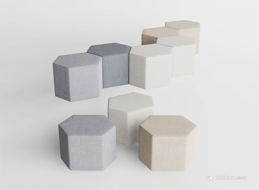 Multiple Hexagonal Fabric Ottomans in Gray Light Gray and Beige for Modern Living Room 3d model 