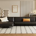 Black Sectional Sofa With White and Orange Pillows In Modern Living Room With Dot Rug