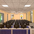 Modern School Classroom With Computers Projector Screen Yellow Curtains And Desks