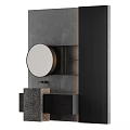 Modern Bathroom Washbasin Design With Round Mirror Gray Wall Black Cabinet And Shelves