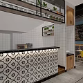 Restaurant Interior with Black Lattice Partition Blue Accent Wall Yellow Gray Chairs and Wooden Tables