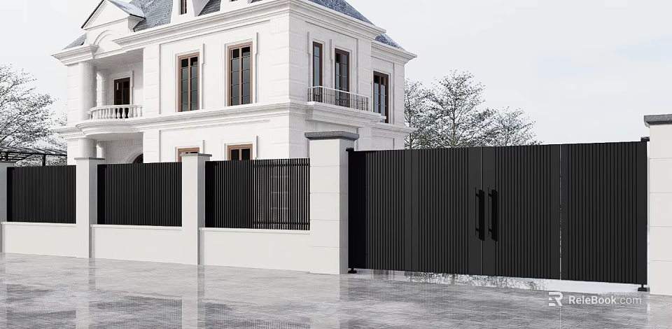 Elegant Black Metal Entrance Gate With Vertical Slats For White Villa Exterior 3d model 