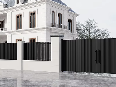 Elegant Black Metal Entrance Gate With Vertical Slats For White Villa Exterior 3d model