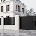 Elegant Black Metal Entrance Gate With Vertical Slats For White Villa Exterior