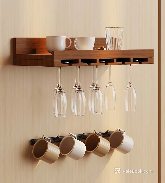 Functional Kitchen Storage Solution With Wooden Wall Rack Hanging Glasses And Coffee Mug Holders 3d model