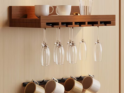 Functional Kitchen Storage Solution With Wooden Wall Rack Hanging Glasses And Coffee Mug Holders 3d model
