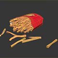 Crispy French Fries Spilled From Red Packaging On Black Surface 3d model