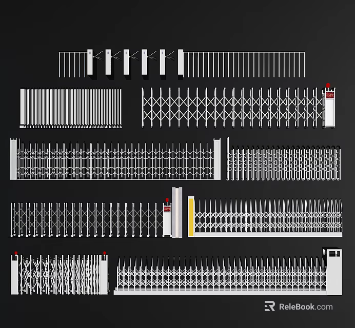 Various Types of Security Gates Including Sliding Fence and Retractable Designs 3d model 
