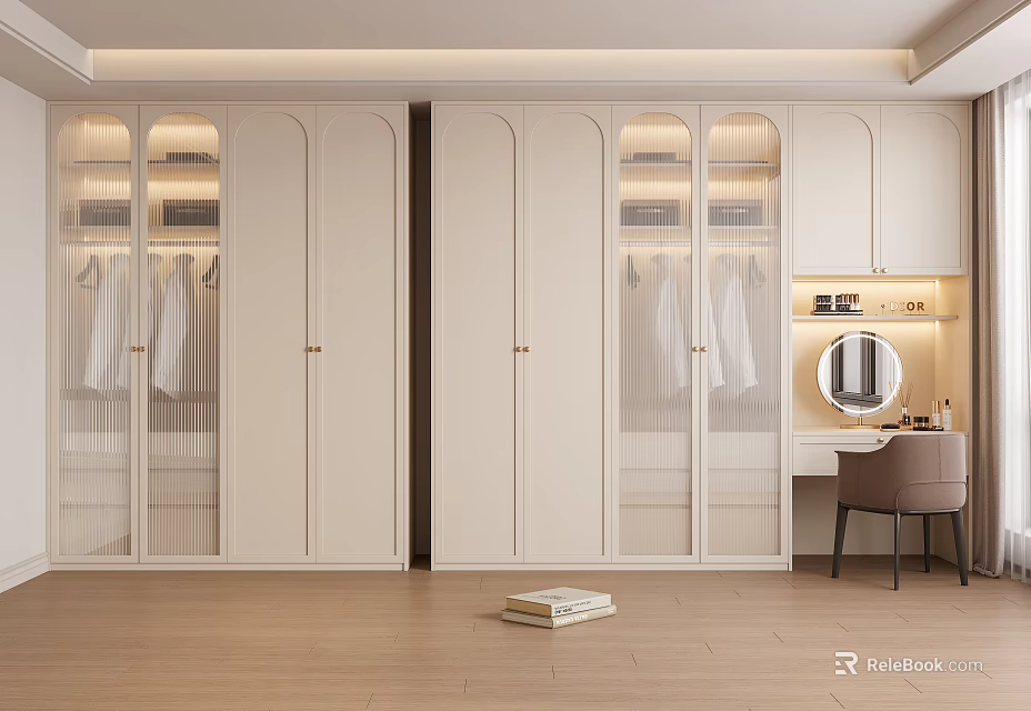 Modern White Wardrobe With Glass Doors Clothes Inside And Dressing Table Mirror On Wooden Floor 3d model 